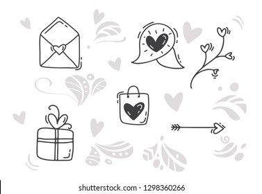 Vector monoline Valentines Day Hand Drawn elements. Happy Valentine Day. Holiday sketch doodle Design card with Heart. Isolated illustration decor for web, wedding and print