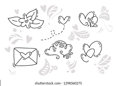 Vector monoline Valentines Day Hand Drawn elements. Happy Valentine Day. Holiday sketch doodle Design card with Heart. Isolated illustration decor for web, wedding and print