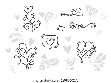 Vector monoline Valentines Day Hand Drawn elements. Happy Valentine Day. Holiday sketch doodle Design card with Heart. Isolated illustration decor for web, wedding and print