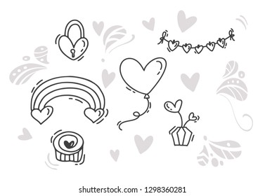 Vector monoline Valentines Day Hand Drawn elements. Happy Valentine Day. Holiday sketch doodle Design card with Heart. Isolated illustration decor for web, wedding and print