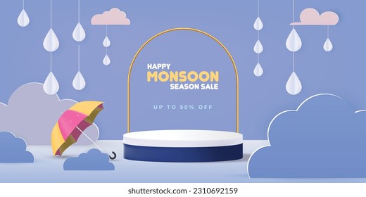 vector monsoon banner template with product podium, modern clouds, water drops on umbrella and raindrops
