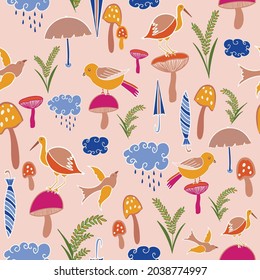 Vector monsoon bird mushroom seamless pattern background.Perfect for wallpaper,gift wrapping paper,scrapbooking and fabric projects.