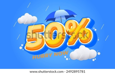 Vector monsoon offer tag 50 percent off with text effect 3d style