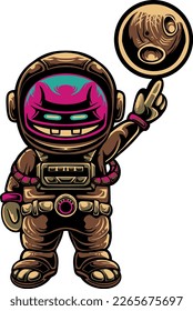 vector monster astronaut and planet illustration