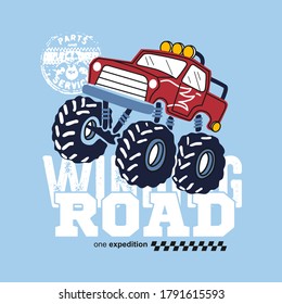 vector de coche monstruo, carretera sinuosa, gran coche, vector único para camiseta de afiche, coche para niño