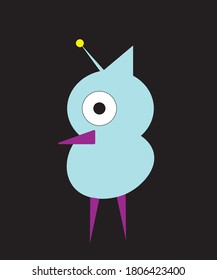 Vector of an monster, cyclops character with bird-like features. The pastel color palette it makes it seem like a character from a children's show or cartoon. The character is set against black.