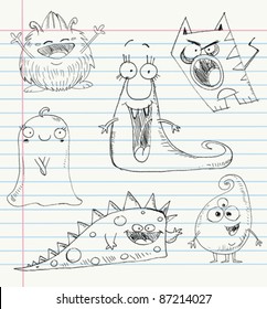 Vector monster doodles on a notebook paper. Set number 1