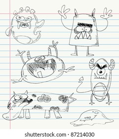 Vector monster doodles on a notebook paper. Set number 1