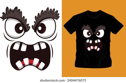 Vector monster face emoji cartoon set with scary. halloween holiday horror monsters, spooky devil or demon, t-shirt design