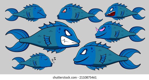 Vector monster fish character design for graphic designer make card, website, banner, brochure, leaflet, placard, and print. Set contains monster fish in various pose and emotion 