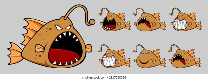 Vector monster fish character design for graphic designer make card, website, banner, brochure, leaflet, placard, and print. Set contains monster fish in various pose and emotion 