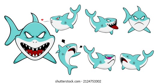 Vector monster fish character design for graphic designer make card, website, banner, brochure, leaflet, placard, and print. Set contains monster fish in various pose and emotion