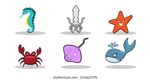 Vector monster fish character design for graphic designer make card, website, banner, brochure, leaflet, placard, and print. Set contains monster fish in various pose and emotion