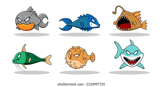 Vector monster fish character design for graphic designer make card, website, banner, brochure, leaflet, placard, and print. Set contains monster fish in various pose and emotion