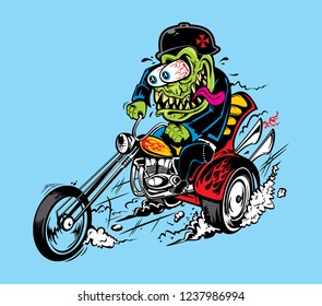 VECTOR MONSTER GREASER HOTROD ILLUSTRATION BIKERS RAT FINK STYLE VINTAGE MOTORCYCLE CHOPPER POSTER