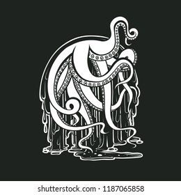 Vector monster octopus tentacles flow slime. Logo for Halloween. Drawing creepy cephalopod mollusk illustration print art on black background.