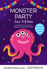 Vector monster party happy birthday poster template. Funny alien monster with celebrate decoration gift, balloons on violet background. A4 backdrop flyer, brochure, postcard for event.