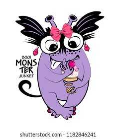 Vector monster with pink bow and ice cream. Hand drawn illustration of monster-sweet tooth. 4