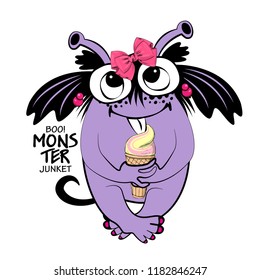 Vector monster with pink bow and ice cream. Hand drawn illustration of monster-sweet tooth. 2