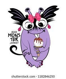 Vector monster with pink bow and ice cream. Hand drawn illustration of monster-sweet tooth. 3