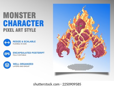 Vector monster red golem pixel art style perfect for sticker, mascot and game character
