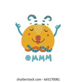 Vector monster with text Ommm kids art for design posters, invites isolated on white Printable illustration for children