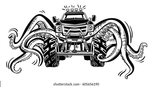 Vector Monster truck with tentacles of the mollusk. Mystical animal car tattoo. Adventure, travel, outdoors art symbols. 4x4.  Off Road.  Fantastic creature.