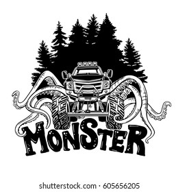 Vector Monster truck with tentacles of the mollusk and forest landscape. Mystical animal car tattoo. Adventure, travel, outdoors art symbols. 4x4. Off Road. Fantastic creature.