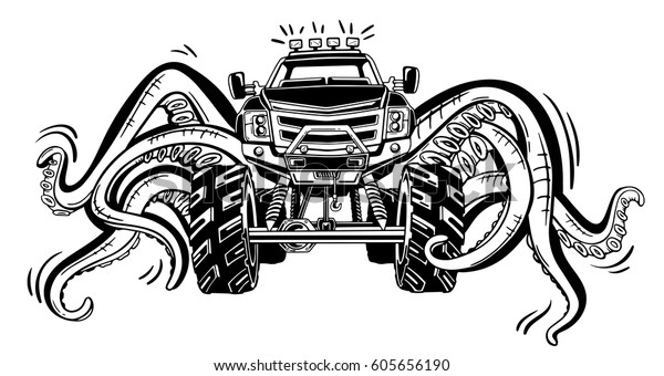 Vector Monster truck with tentacles\
of the mollusk. Mystical animal car tattoo. Adventure, travel,\
outdoors art symbols. 4x4.  Off Road.  Fantastic\
creature.