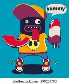 vector monster, watermelon, icecream