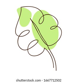 Vector Monstera leaf line art with green background. Contour drawing. Minimalism art. Modern decor.