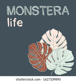 Vector monstera leaves in art deco style. Blue, pink and brown leaves on a dark background. 