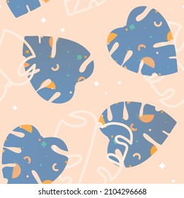 Vector Monstera Leaves with Magical Abstract Texture seamless pattern background. Perfect for fabric, scrapbooking and wallpaper projects.