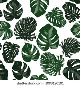 Vector Monstera Leaves. Seamless Tropical Pattern. Beautiful Hand-drawn Background with Philodendron Leaf. Exotic Illustration with Jungle Foliage. Seamless Monstera Pattern For Print, Textile, Fabric