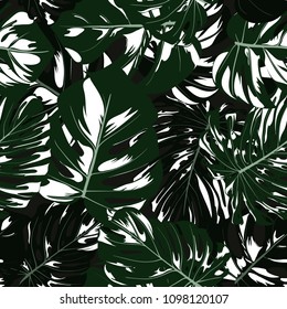 Vector Monstera Leaves. Seamless Tropical Pattern. Beautiful Hand-drawn Background with Philodendron Leaf. Exotic Illustration with Jungle Foliage. Seamless Monstera Pattern For Print, Textile, Fabric