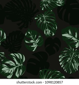 Vector Monstera Leaves. Seamless Tropical Pattern. Beautiful Hand-drawn Background with Philodendron Leaf. Exotic Illustration with Jungle Foliage. Seamless Monstera Pattern For Print, Textile, Fabric