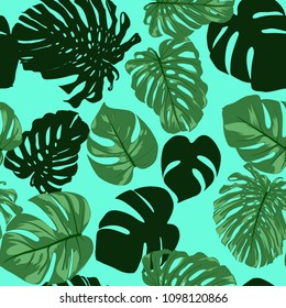 Vector Monstera Leaves. Seamless Tropical Pattern. Beautiful Hand-drawn Background with Philodendron Leaf. Exotic Illustration with Jungle Foliage. Seamless Monstera Pattern For Print, Textile, Fabric