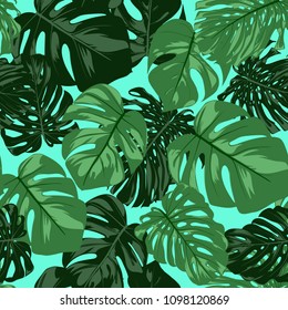 Vector Monstera Leaves. Seamless Tropical Pattern. Beautiful Hand-drawn Background with Philodendron Leaf. Exotic Illustration with Jungle Foliage. Seamless Monstera Pattern For Print, Textile, Fabric