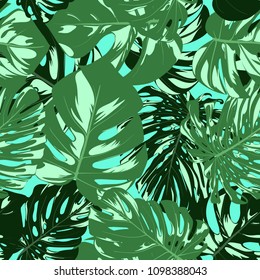 Vector Monstera Leaves. Seamless Tropical Pattern. Beautiful Hand-drawn Background with Philodendron Leaf. Exotic Illustration with Jungle Foliage. Seamless Monstera Pattern For Print, Textile, Fabric