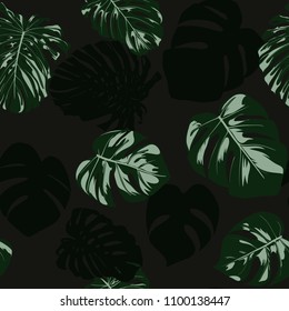 Vector Monstera Leaves. Seamless Tropical Pattern. Beautiful Hand-drawn Background with Philodendron Leaf. Exotic Illustration with Jungle Foliage. Seamless Monstera Pattern For Print, Textile, Fabric