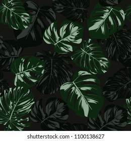 Vector Monstera Leaves. Seamless Tropical Pattern. Beautiful Hand-drawn Background with Philodendron Leaf. Exotic Illustration with Jungle Foliage. Seamless Monstera Pattern For Print, Textile, Fabric
