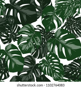 Vector Monstera Leaves. Seamless Tropical Pattern. Beautiful Hand-drawn Background with Philodendron Leaf. Exotic Illustration with Jungle Foliage. Seamless Monstera Pattern For Print, Textile, Fabric