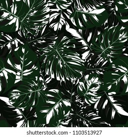 Vector Monstera Leaves. Seamless Tropical Pattern. Beautiful Hand-drawn Background with Philodendron Leaf. Exotic Illustration with Jungle Foliage. Seamless Monstera Pattern For Print, Textile, Fabric