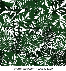Vector Monstera Leaves. Seamless Tropical Pattern. Beautiful Hand-drawn Background with Philodendron Leaf. Exotic Illustration with Jungle Foliage. Seamless Monstera Pattern For Print, Textile, Fabric