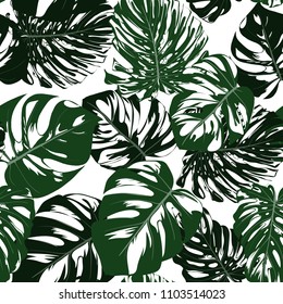 Vector Monstera Leaves. Seamless Tropical Pattern. Beautiful Hand-drawn Background with Philodendron Leaf. Exotic Illustration with Jungle Foliage. Seamless Monstera Pattern For Print, Textile, Fabric