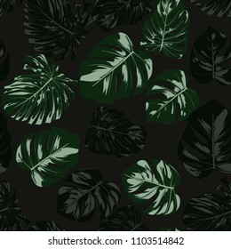 Vector Monstera Leaves. Seamless Tropical Pattern. Beautiful Hand-drawn Background with Philodendron Leaf. Exotic Illustration with Jungle Foliage. Seamless Monstera Pattern For Print, Textile, Fabric