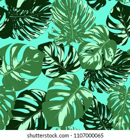 Vector Monstera Leaves. Seamless Tropical Pattern. Beautiful Hand-drawn Background with Philodendron Leaf. Exotic Illustration with Jungle Foliage. Seamless Monstera Pattern For Print, Textile, Fabric