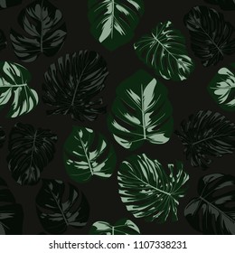 Vector Monstera Leaves. Seamless Tropical Pattern. Beautiful Hand-drawn Background with Philodendron Leaf. Exotic Illustration with Jungle Foliage. Seamless Monstera Pattern For Print, Textile, Fabric