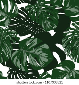 Vector Monstera Leaves. Seamless Tropical Pattern. Beautiful Hand-drawn Background with Philodendron Leaf. Exotic Illustration with Jungle Foliage. Seamless Monstera Pattern For Print, Textile, Fabric