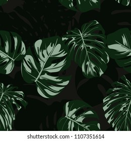 Vector Monstera Leaves. Seamless Tropical Pattern. Beautiful Hand-drawn Background with Philodendron Leaf. Exotic Illustration with Jungle Foliage. Seamless Monstera Pattern For Print, Textile, Fabric